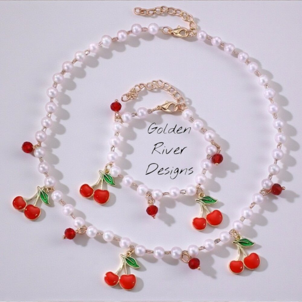 Cherry & Pearl Necklace And Bracelet Set – Fruit Pendant Jewelry